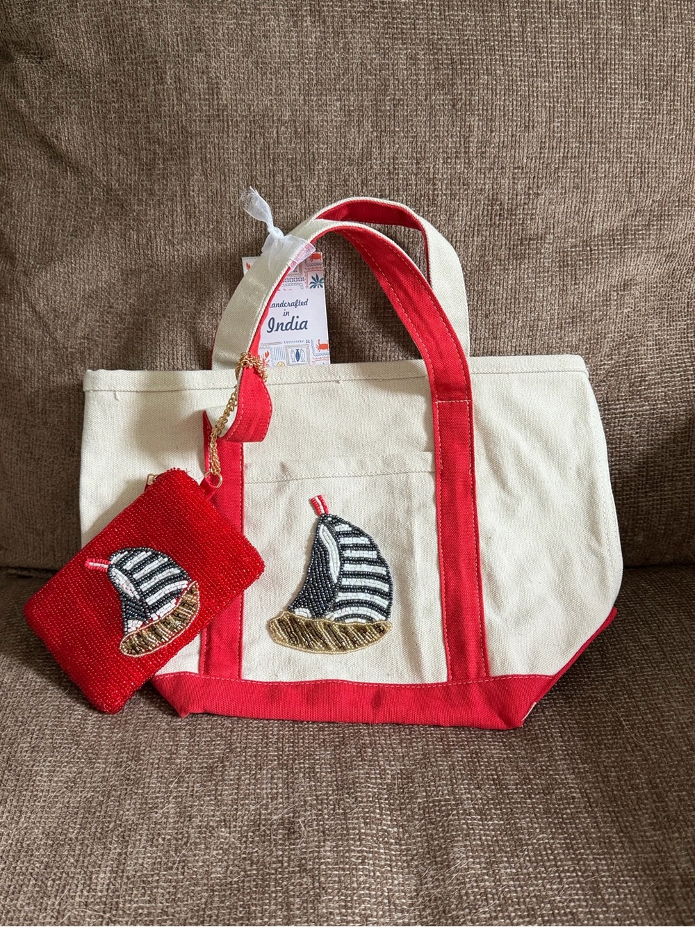 Canvas Tote Bag with Hand BeadedSailboat Design - Red & Cream
